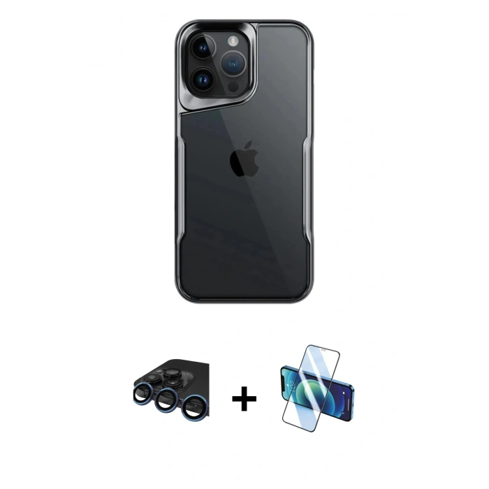 MARSİLYAN™- iPhone 15 Pro Kılıf Akış Çizgi Koleksiyonu - Siyah 3D Antistatik Cam Ekran Koruyucu + Raze Metal Kamera Lens - LT
