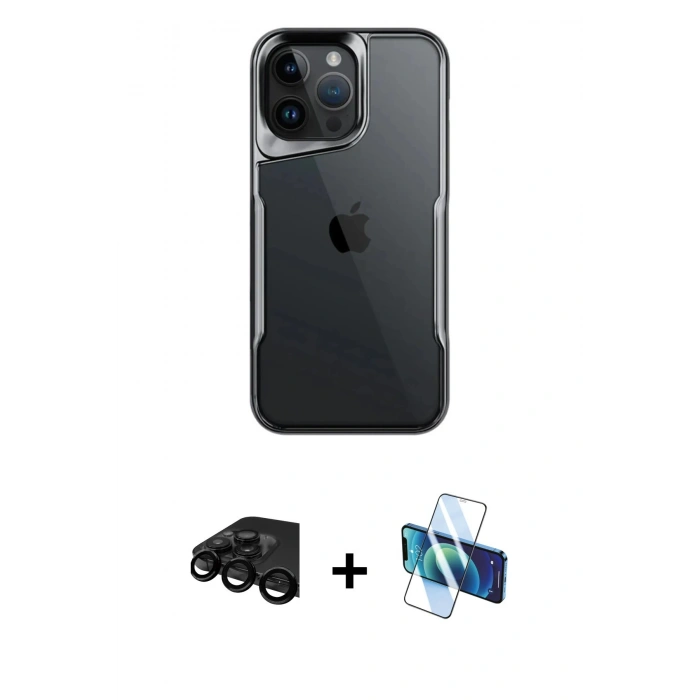 MARSİLYAN™- iPhone 15 Pro Kılıf Akış Çizgi Koleksiyonu - Siyah 3D Antistatik Cam Ekran Koruyucu + Raze Metal Kamera Lens - SH