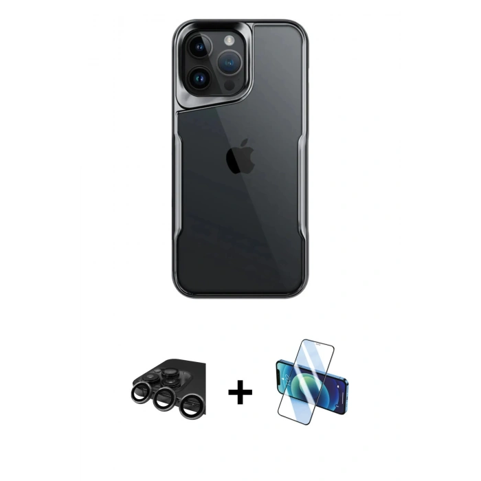 MARSİLYAN™- iPhone 15 Pro Kılıf Akış Çizgi Koleksiyonu - Siyah 3D Antistatik Cam Ekran Koruyucu + Raze Metal Kamera Lens - TMGI