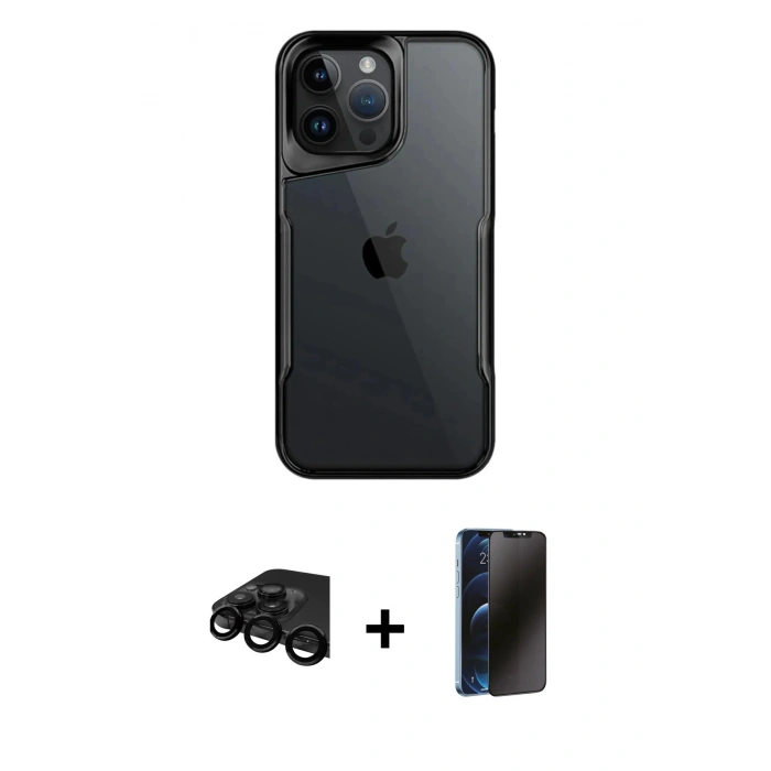 MARSİLYAN™- iPhone 15 Pro Kılıf Akış Çizgi Koleksiyonu - Siyah 3D Antistatik Hayalet Cam Ekran Koruyucu + Raze Metal Kamera Lens - SH