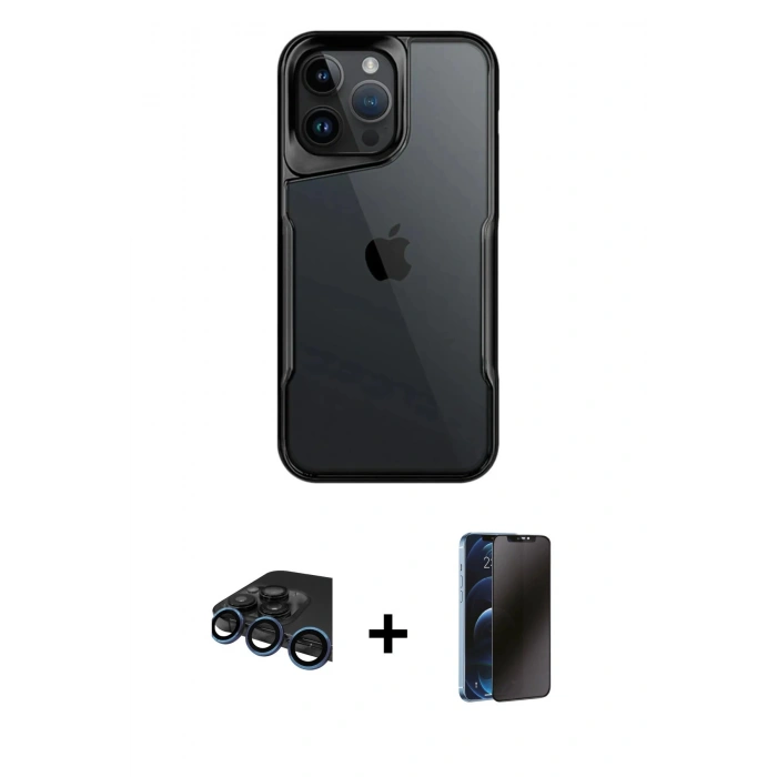 MARSİLYAN™- iPhone 15 Pro Kılıf Akış Çizgi Koleksiyonu - Siyah 3D Antistatik Hayalet Cam Ekran Koruyucu + Raze Metal Kamera Lens - LT