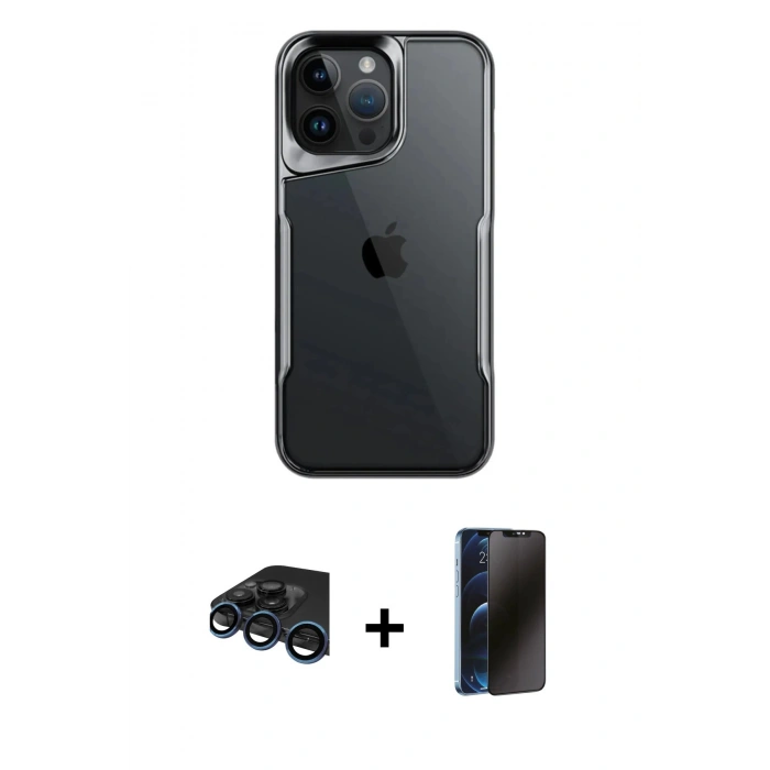 MARSİLYAN™- iPhone 15 Pro Kılıf Akış Çizgi Koleksiyonu - Siyah 3D Antistatik Hayalet Cam Ekran Koruyucu + Raze Metal Kamera Lens - LT