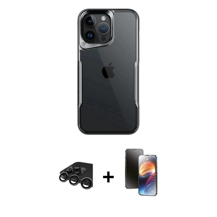 MARSİLYAN™- iPhone 15 Pro Kılıf Akış Çizgi Koleksiyonu - Siyah 3D Antistatik Mat Seramik Nano Ekran Koruyucu + Raze Metal Kamera Lens - TMGI