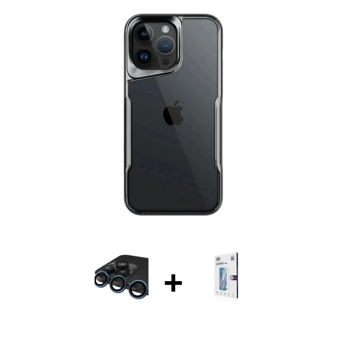 MARSİLYAN™- iPhone 15 Pro Kılıf Akış Çizgi Koleksiyonu - Siyah Bilvis 0.18mm Plus Cam Ekran Koruyucu + Raze Metal Kamera Lens - LT
