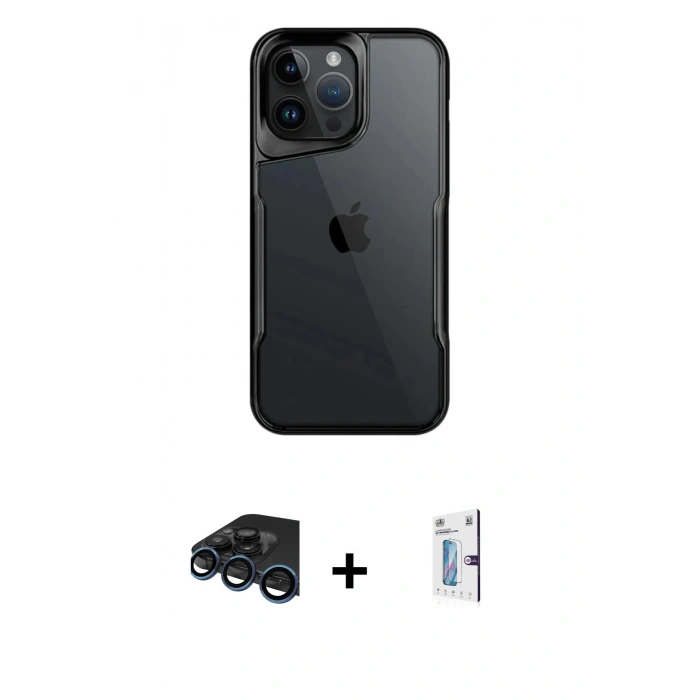 MARSİLYAN™- iPhone 15 Pro Kılıf Akış Çizgi Koleksiyonu - Siyah Bilvis 0.18mm Plus Cam Ekran Koruyucu + Raze Metal Kamera Lens - LT