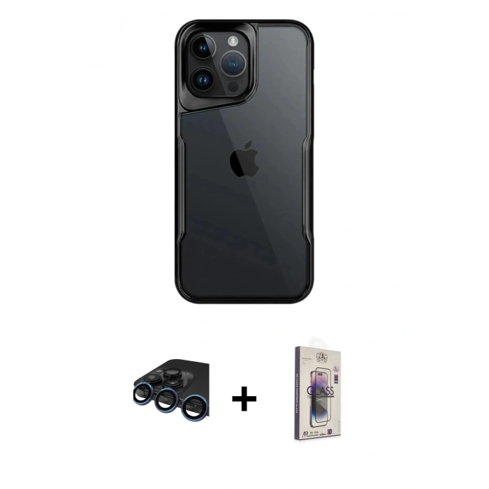 MARSİLYAN™- iPhone 15 Pro Kılıf Akış Çizgi Koleksiyonu - Siyah Bilvis 3D Cam Ekran Koruyucu + Raze Metal Kamera Lens - LT