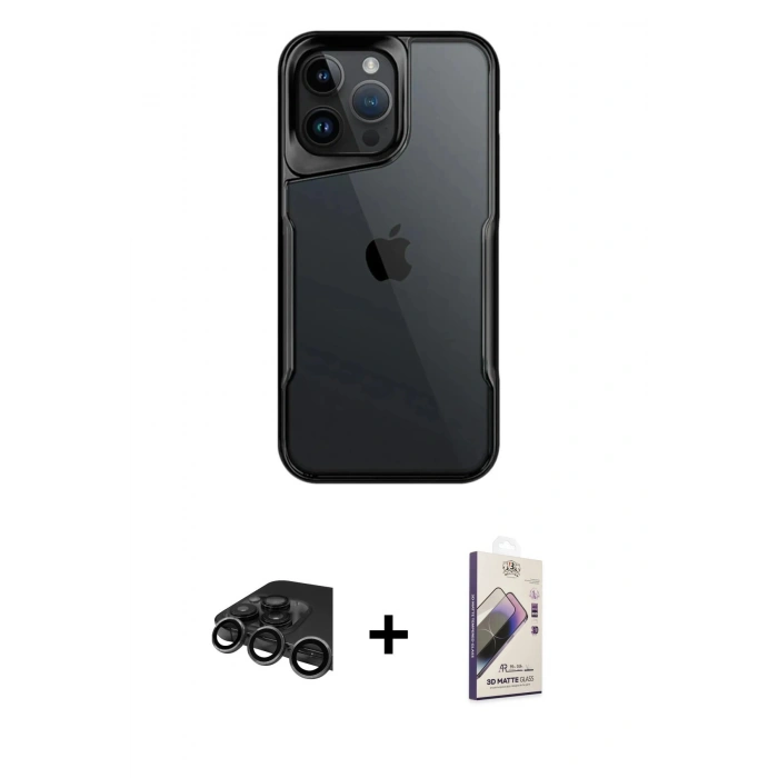 MARSİLYAN™- iPhone 15 Pro Kılıf Akış Çizgi Koleksiyonu - Siyah Bilvis 3D Mat Cam Ekran Koruyucu + Raze Metal Kamera Lens - TMGI