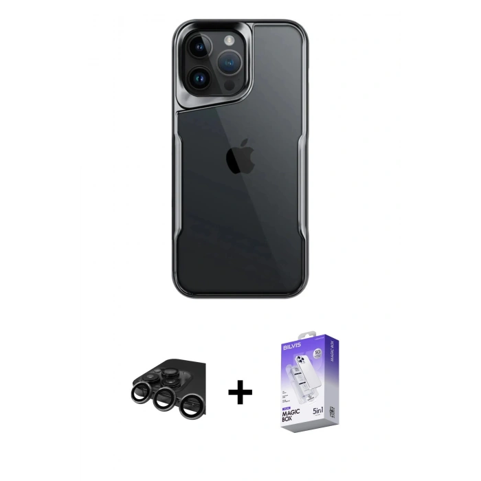 MARSİLYAN™- iPhone 15 Pro Kılıf Akış Çizgi Koleksiyonu - Siyah Bilvis 5in1 3D Magic Cam Ekran Koruyucu + Raze Metal Kamera Lens - TMGI