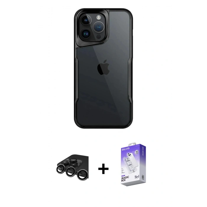 MARSİLYAN™- iPhone 15 Pro Kılıf Akış Çizgi Koleksiyonu - Siyah Bilvis 5in1 3D Magic Cam Ekran Koruyucu + Raze Metal Kamera Lens - TMGI