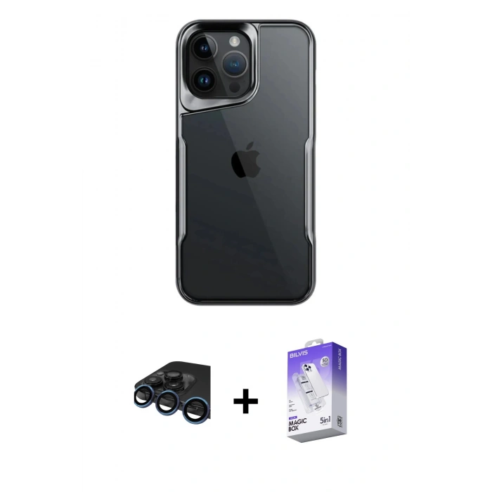 MARSİLYAN™- iPhone 15 Pro Kılıf Akış Çizgi Koleksiyonu - Siyah Bilvis 5in1 3D Magic Cam Ekran Koruyucu + Raze Metal Kamera Lens - LT