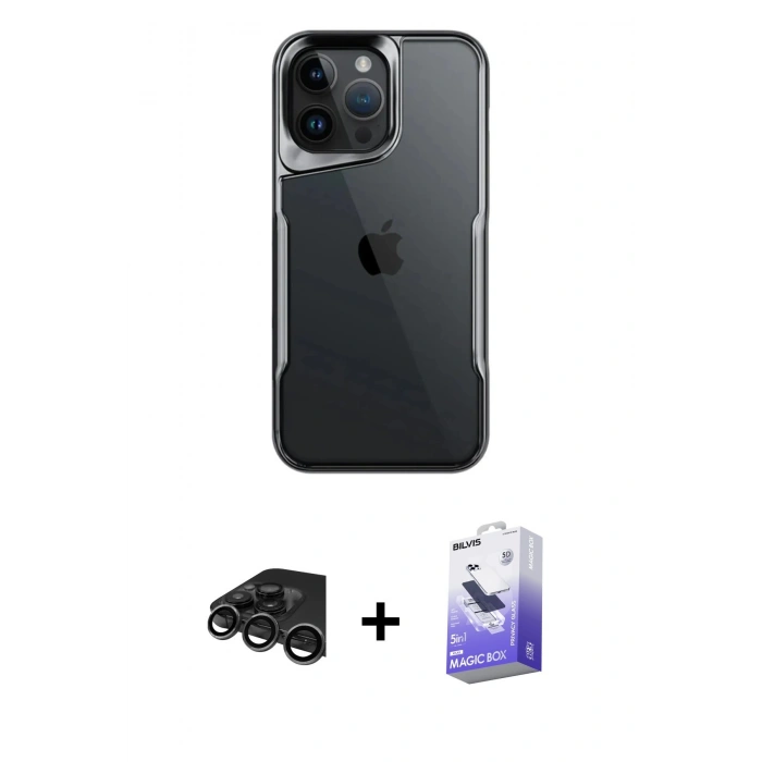 MARSİLYAN™- iPhone 15 Pro Kılıf Akış Çizgi Koleksiyonu - Siyah Bilvis 5in1 5D Magic Hayalet Cam Ekran Koruyucu + Titanyum Gri Raze Metal Kamera Lens