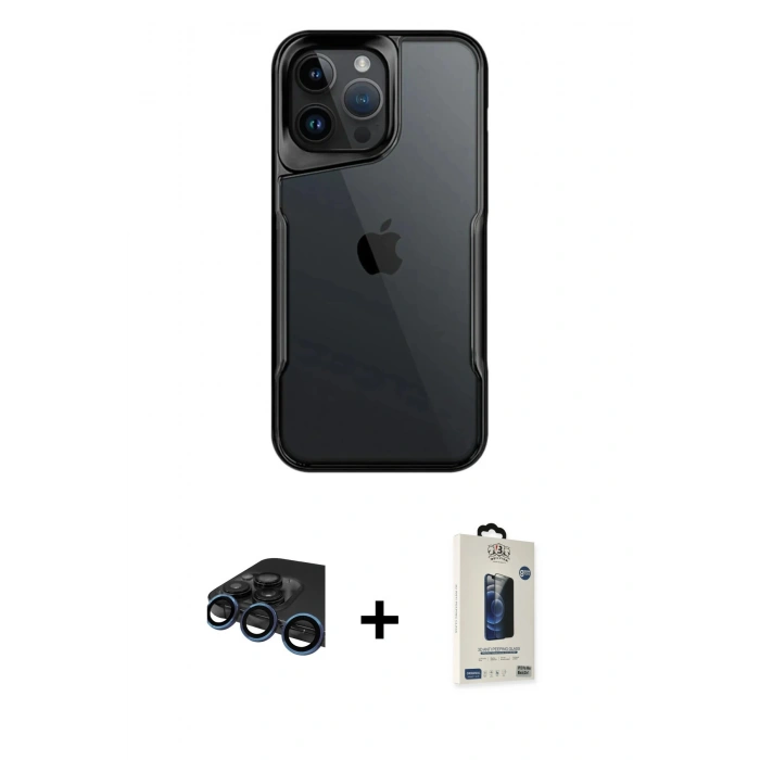 MARSİLYAN™- iPhone 15 Pro Kılıf Akış Çizgi Koleksiyonu - Siyah Bilvis Hayalet Cam Ekran Koruyucu + Raze Metal Kamera Lens - LT
