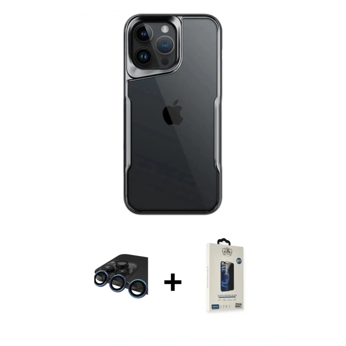 MARSİLYAN™- iPhone 15 Pro Kılıf Akış Çizgi Koleksiyonu - Siyah Bilvis Hayalet Cam Ekran Koruyucu + Raze Metal Kamera Lens - LT