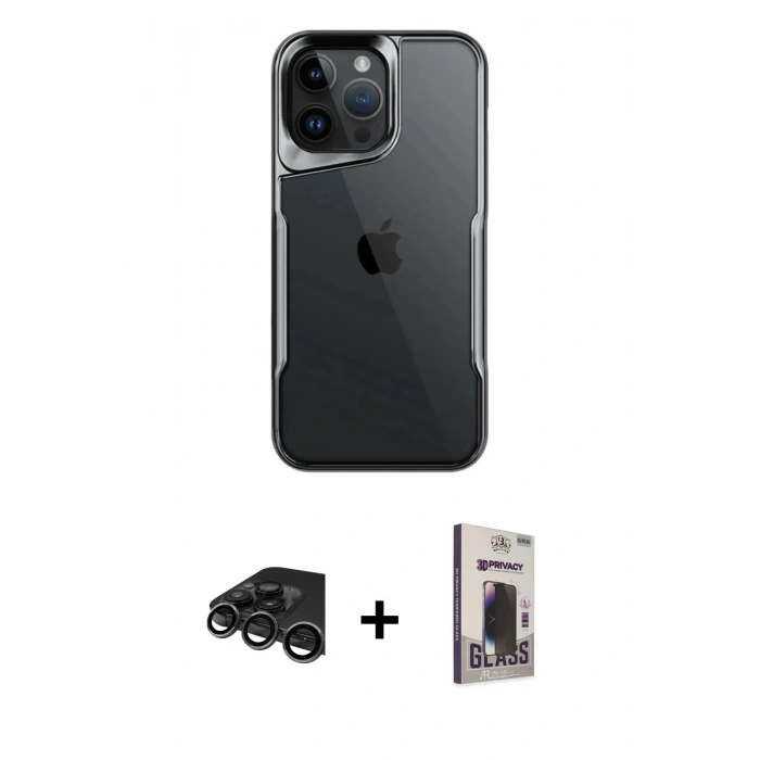 MARSİLYAN™- iPhone 15 Pro Kılıf Akış Çizgi Koleksiyonu - Siyah Bilvis Hayalet Cam Ekran Koruyucu + Raze Metal Kamera Lens - TMGI