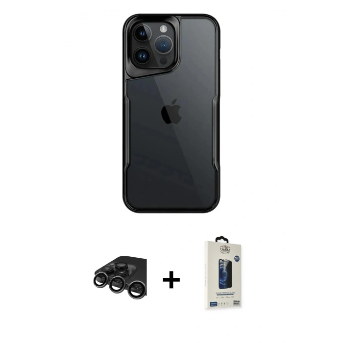 MARSİLYAN™- iPhone 15 Pro Kılıf Akış Çizgi Koleksiyonu - Siyah Bilvis Hayalet Cam Ekran Koruyucu + Raze Metal Kamera Lens - TMGI
