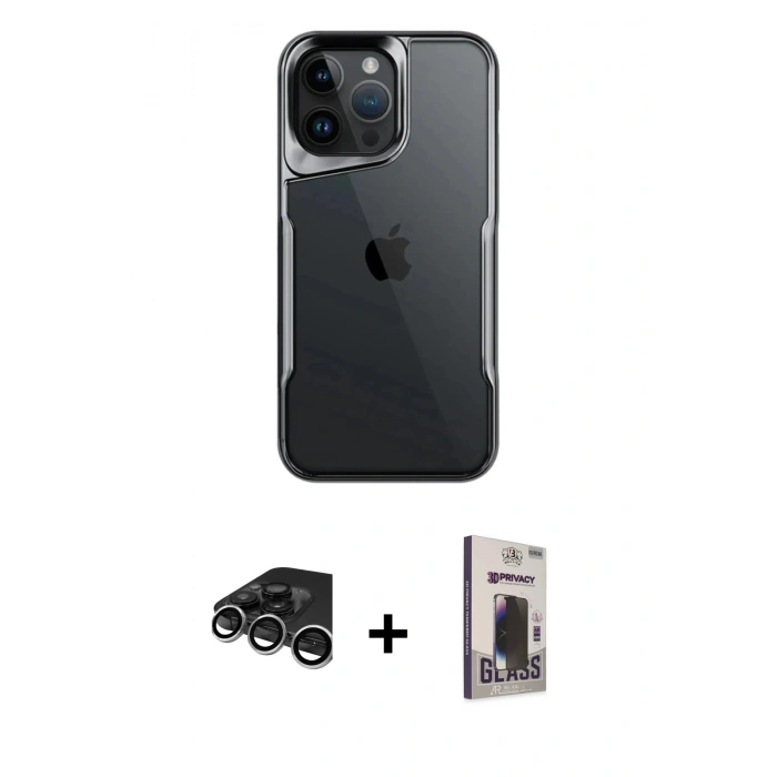 MARSİLYAN™- iPhone 15 Pro Kılıf Akış Çizgi Koleksiyonu - Siyah Bilvis Hayalet Cam Ekran Koruyucu + Raze Metal Kamera Lens - GS