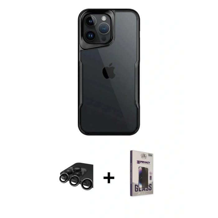 MARSİLYAN™- iPhone 15 Pro Kılıf Akış Çizgi Koleksiyonu - Siyah Bilvis Hayalet Cam Ekran Koruyucu + Raze Metal Kamera Lens - TMGI