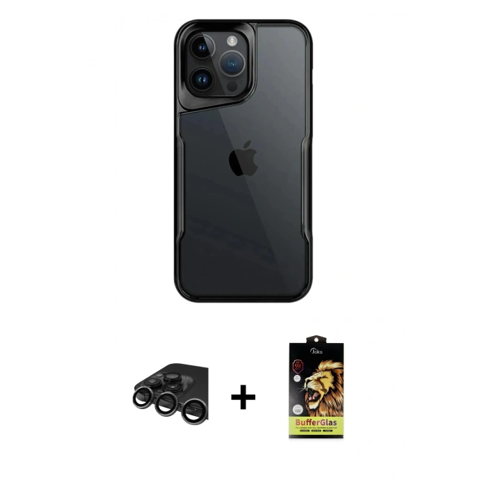 MARSİLYAN™- iPhone 15 Pro Kılıf Akış Çizgi Koleksiyonu - Siyah Buffer Cam Ekran Koruyucu + Raze Metal Kamera Lens - TMGI