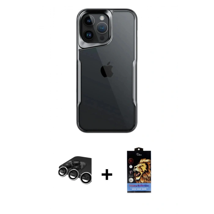 MARSİLYAN™- iPhone 15 Pro Kılıf Akış Çizgi Koleksiyonu - Siyah Buffer Hayalet Cam Ekran Koruyucu + Raze Metal Kamera Lens - GS