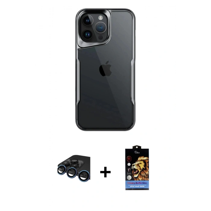 MARSİLYAN™- iPhone 15 Pro Kılıf Akış Çizgi Koleksiyonu - Siyah Buffer Hayalet Cam Ekran Koruyucu + Raze Metal Kamera Lens - LT