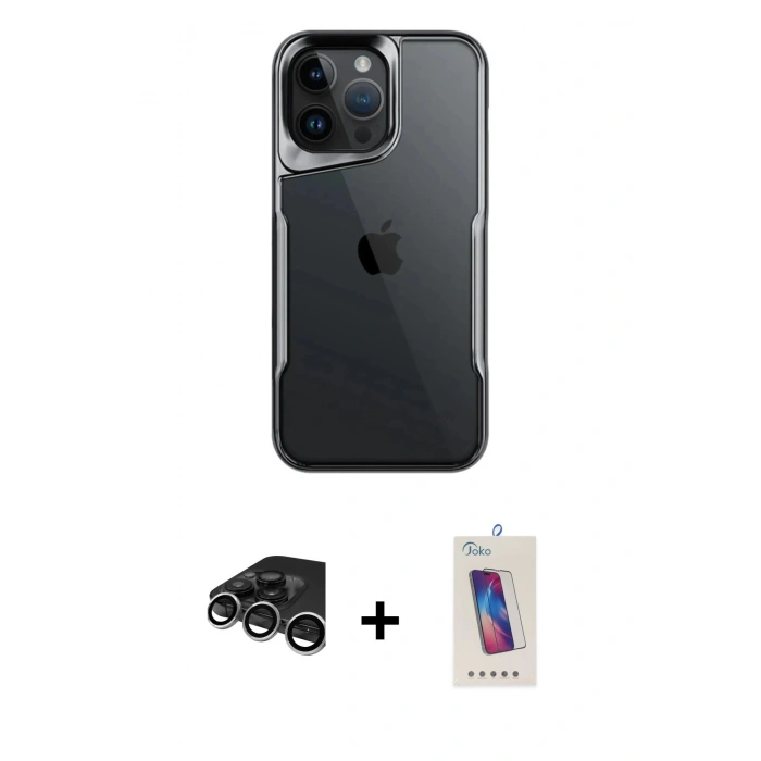 MARSİLYAN™- iPhone 15 Pro Kılıf Akış Çizgi Koleksiyonu - Siyah Joko 5D Cam + Raze Metal Kamera Lens - GS
