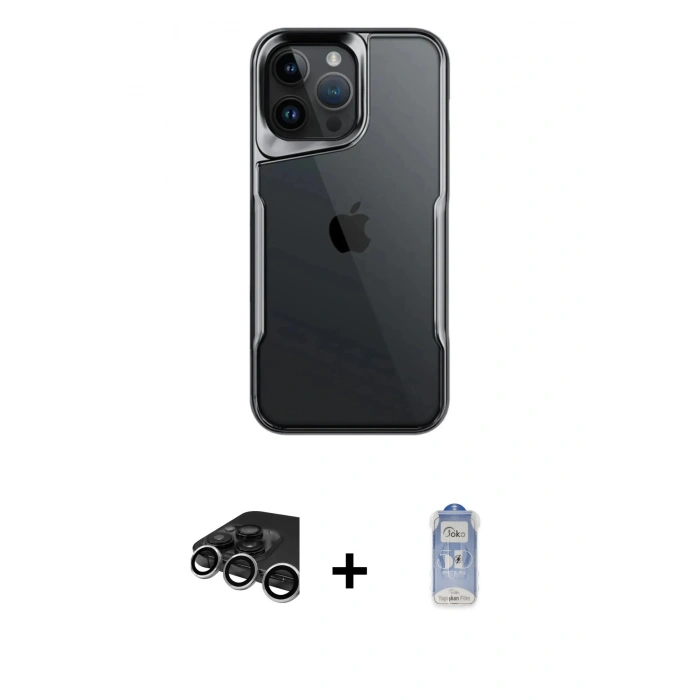 MARSİLYAN™- iPhone 15 Pro Kılıf Akış Çizgi Koleksiyonu - Siyah Joko Magic 5D Cam + Raze Metal Kamera Lens - GS