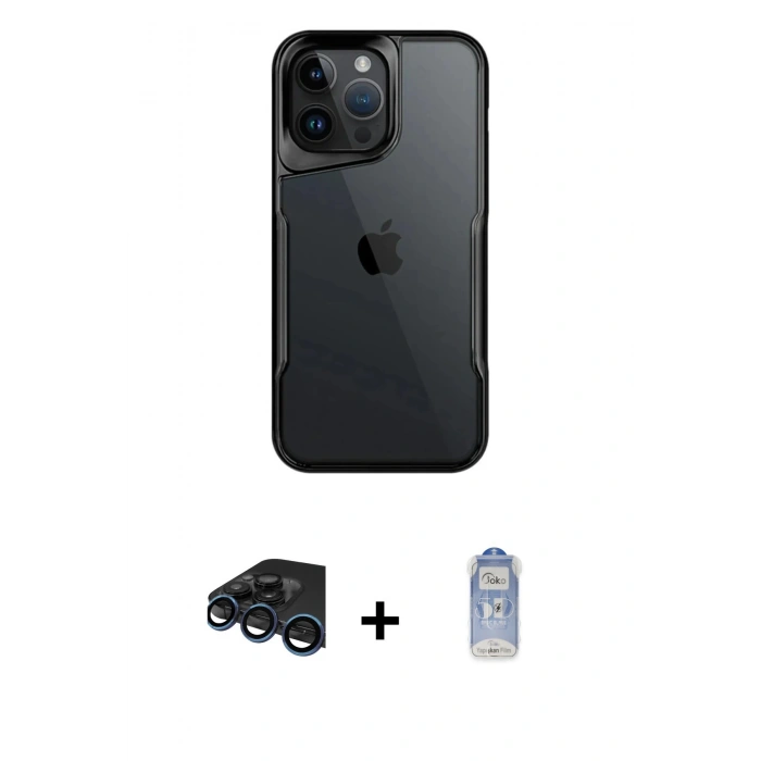 MARSİLYAN™- iPhone 15 Pro Kılıf Akış Çizgi Koleksiyonu - Siyah Joko Magic 5D Cam + Raze Metal Kamera Lens - LT