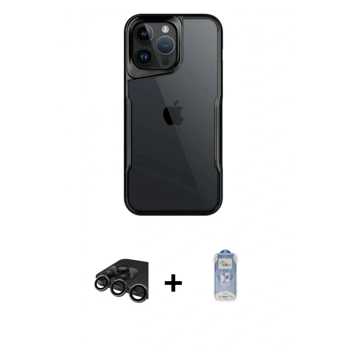 MARSİLYAN™- iPhone 15 Pro Kılıf Akış Çizgi Koleksiyonu - Siyah Joko Magic 5D Cam + Raze Metal Kamera Lens - TMGI