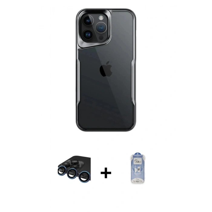 MARSİLYAN™- iPhone 15 Pro Kılıf Akış Çizgi Koleksiyonu - Siyah Joko Magic 5D Cam + Raze Metal Kamera Lens - LT