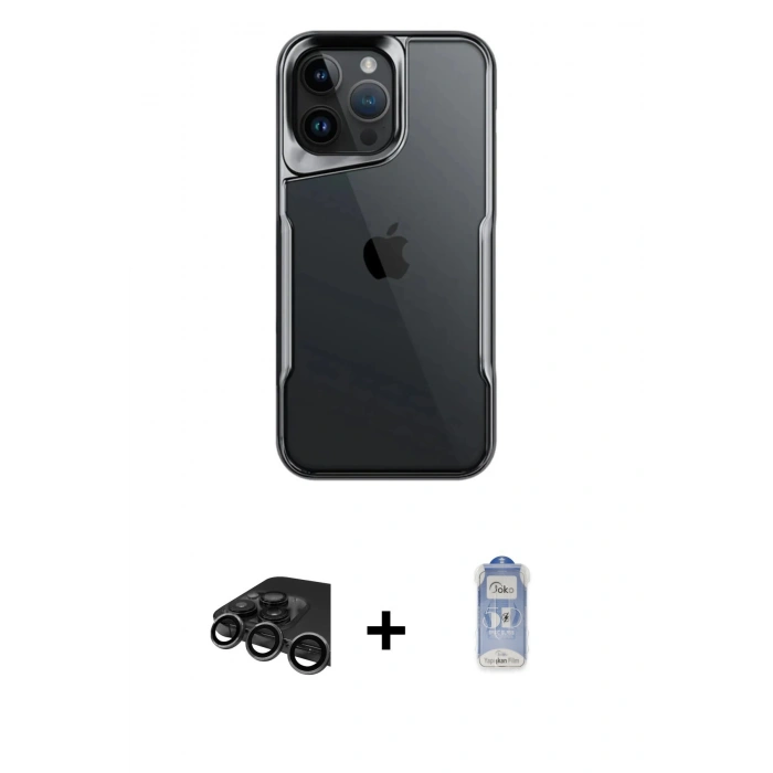 MARSİLYAN™- iPhone 15 Pro Kılıf Akış Çizgi Koleksiyonu - Siyah Joko Magic 5D Cam + Raze Metal Kamera Lens - TMGI