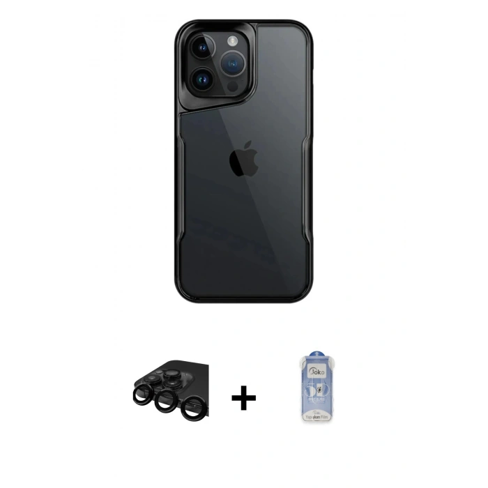 MARSİLYAN™- iPhone 15 Pro Kılıf Akış Çizgi Koleksiyonu - Siyah Joko Magic 5D Cam + Raze Metal Kamera Lens - SH