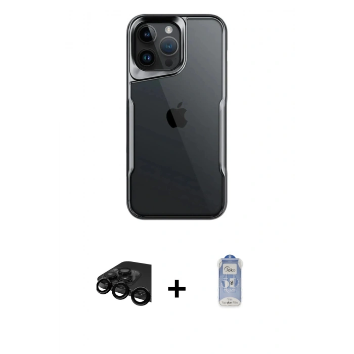 MARSİLYAN™- iPhone 15 Pro Kılıf Akış Çizgi Koleksiyonu - Siyah Joko Magic 5D Cam + Raze Metal Kamera Lens - SH