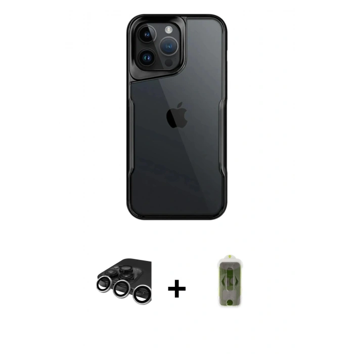 MARSİLYAN™- iPhone 15 Pro Kılıf Akış Çizgi Koleksiyonu - Siyah Joko Magic 5D Hayalet Cam + Raze Metal Kamera Lens - GS