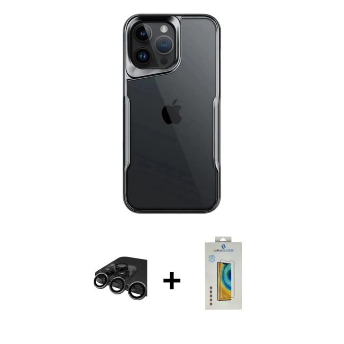 MARSİLYAN™- iPhone 15 Pro Kılıf Akış Çizgi Koleksiyonu - Siyah Polymer Nano Ekran Koruyucu + Raze Metal Kamera Lens - TMGI