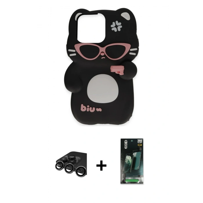 MARSİLYAN™- iPhone 15 Pro Kılıf Akış Yansıma - Siyah 360 Mat Full Body Arka Koruyucu + Raze Metal Kamera Lens - TMGI