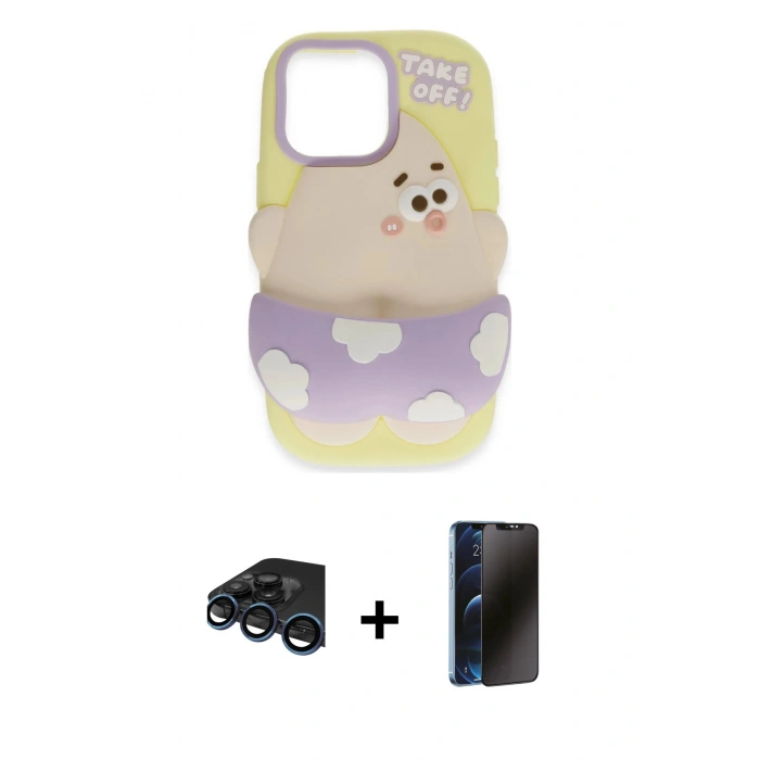 MARSİLYAN™- iPhone 15 Pro Kılıf Akış Yansıma - Siyah 3D Antistatik Hayalet Cam Ekran Koruyucu + Raze Metal Kamera Lens - LT