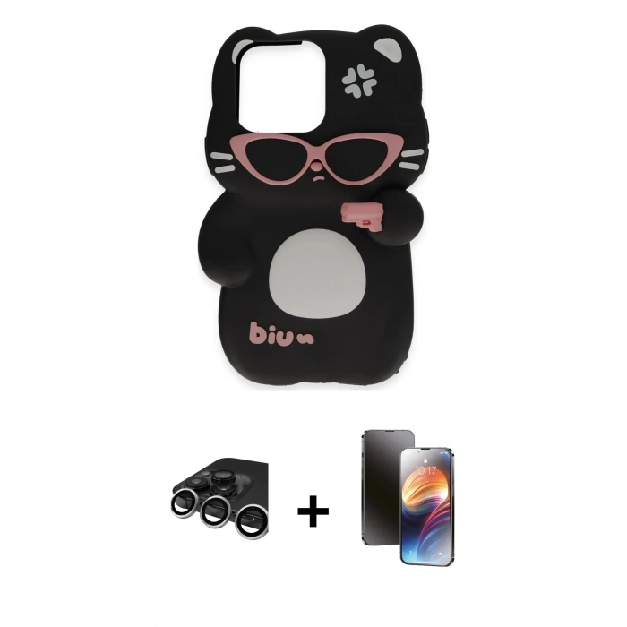 MARSİLYAN™- iPhone 15 Pro Kılıf Akış Yansıma - Siyah 3D Antistatik Mat Seramik Nano Ekran Koruyucu + Raze Metal Kamera Lens - GS