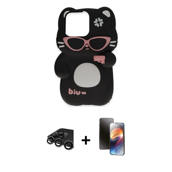 MARSİLYAN™- iPhone 15 Pro Kılıf Akış Yansıma - Siyah 3D Antistatik Mat Seramik Nano Ekran Koruyucu + Raze Metal Kamera Lens - TMGI