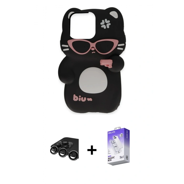 MARSİLYAN™- iPhone 15 Pro Kılıf Akış Yansıma - Siyah Bilvis 5in1 3D Magic Cam Ekran Koruyucu + Raze Metal Kamera Lens - TMGI