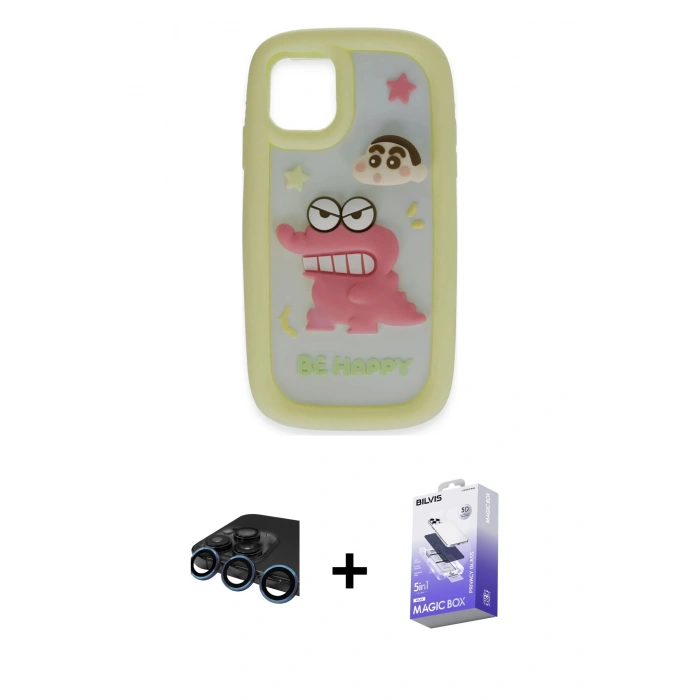 MARSİLYAN™- iPhone 15 Pro Kılıf Akış Yansıma - Siyah Bilvis 5in1 5D Magic Hayalet Cam Ekran Koruyucu + Raze Metal Kamera Lens - LT