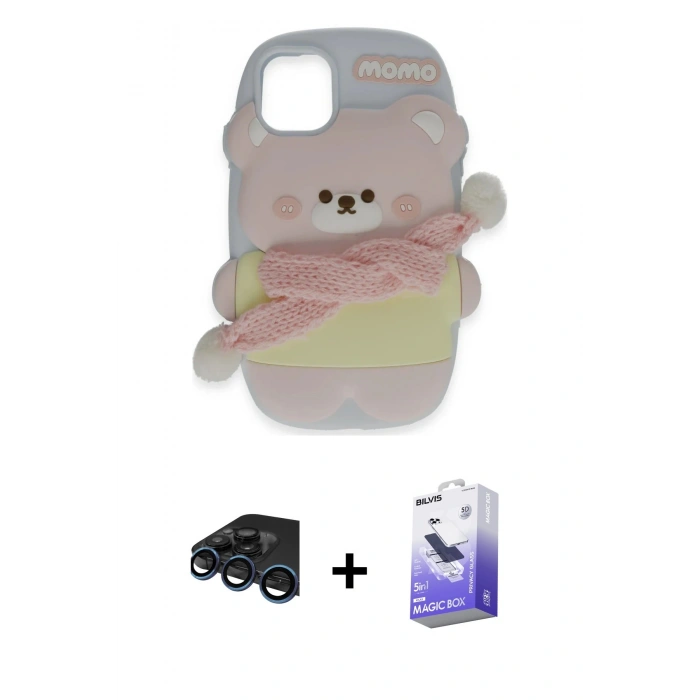 MARSİLYAN™- iPhone 15 Pro Kılıf Akış Yansıma - Siyah Bilvis 5in1 5D Magic Hayalet Cam Ekran Koruyucu + Raze Metal Kamera Lens - LT