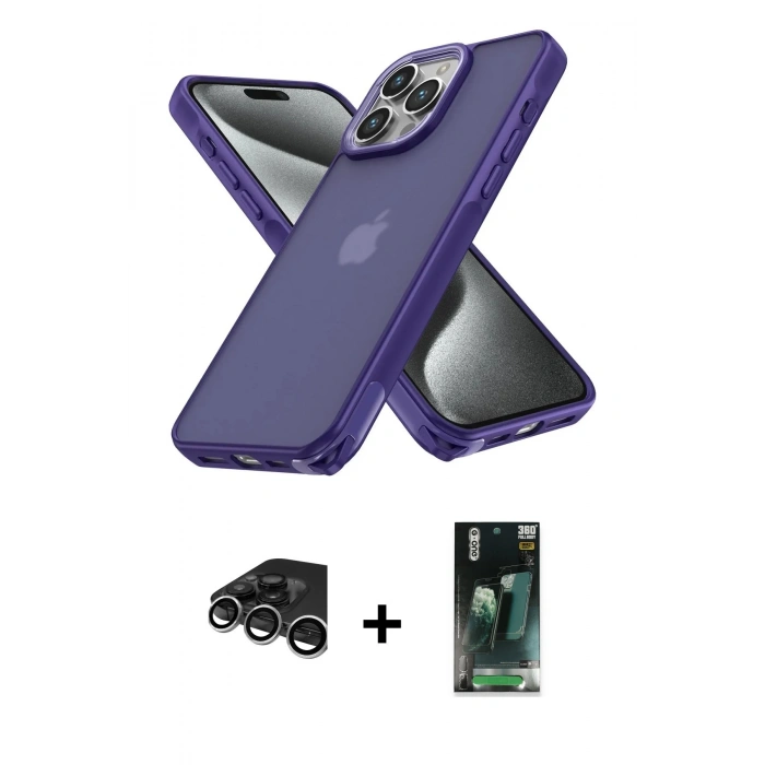 MARSİLYAN™- iPhone 15 Pro Kılıf Atlas Form - Siyah 360 Mat Full Body Arka Koruyucu + Raze Metal Kamera Lens - GS