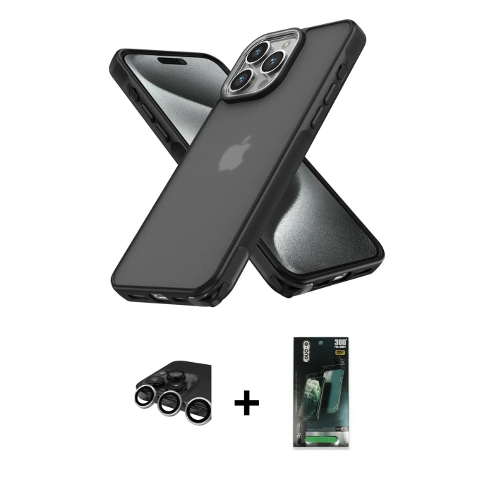 MARSİLYAN™- iPhone 15 Pro Kılıf Atlas Form - Siyah 360 Mat Full Body Arka Koruyucu + Raze Metal Kamera Lens - GS