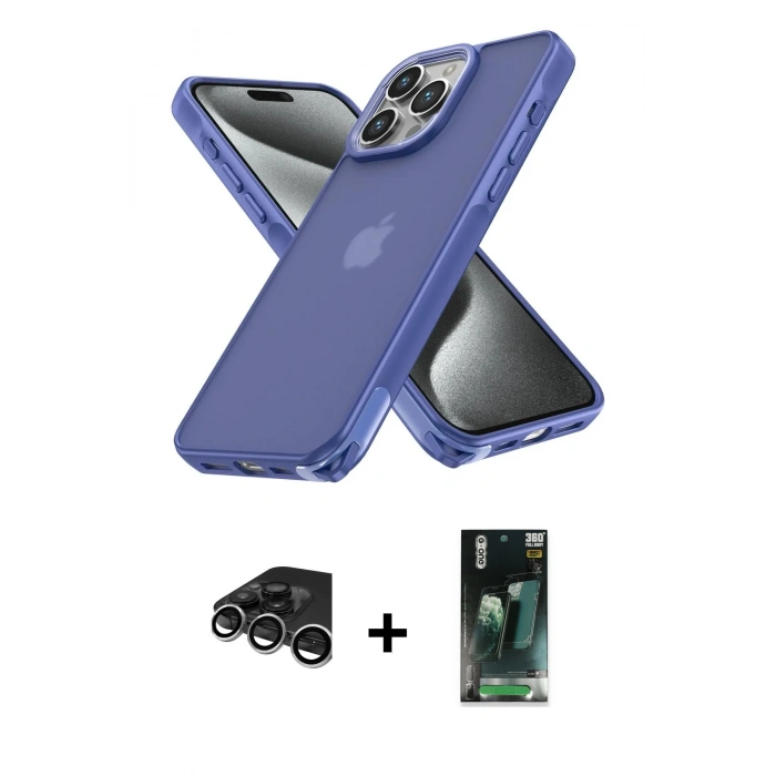 MARSİLYAN™- iPhone 15 Pro Kılıf Atlas Form - Siyah 360 Mat Full Body Arka Koruyucu + Raze Metal Kamera Lens - GS