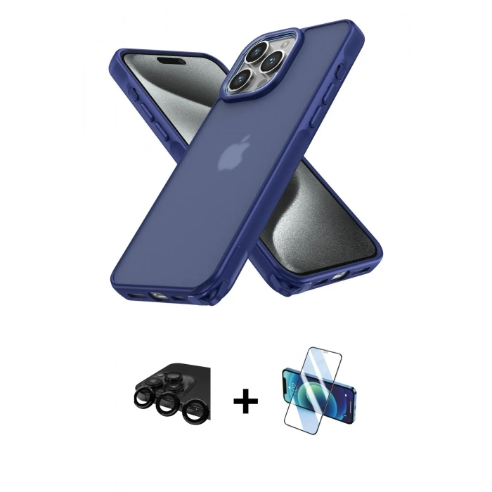 MARSİLYAN™- iPhone 15 Pro Kılıf Atlas Form - Siyah 3D Antistatik Cam Ekran Koruyucu + Raze Metal Kamera Lens - SH