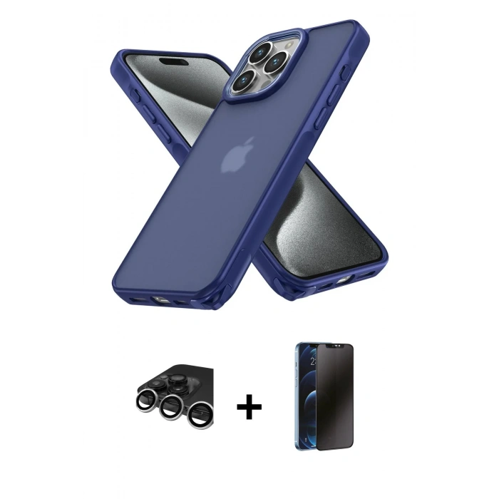 MARSİLYAN™- iPhone 15 Pro Kılıf Atlas Form - Siyah 3D Antistatik Hayalet Cam Ekran Koruyucu + Raze Metal Kamera Lens - GS