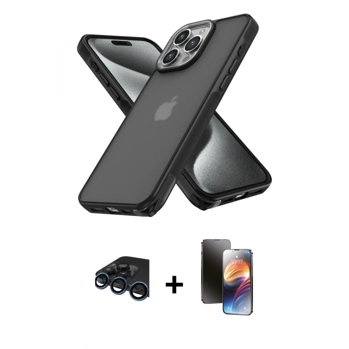 MARSİLYAN™- iPhone 15 Pro Kılıf Atlas Form - Siyah 3D Antistatik Mat Seramik Nano Ekran Koruyucu + Raze Metal Kamera Lens - LT
