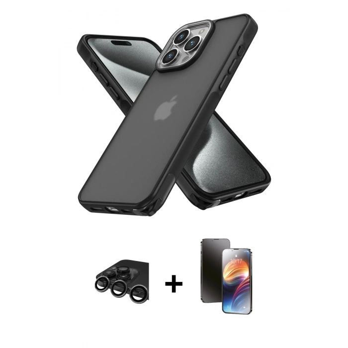 MARSİLYAN™- iPhone 15 Pro Kılıf Atlas Form - Siyah 3D Antistatik Mat Seramik Nano Ekran Koruyucu + Raze Metal Kamera Lens - TMGI