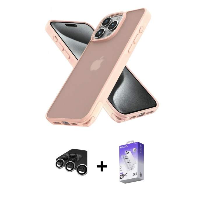 MARSİLYAN™- iPhone 15 Pro Kılıf Atlas Form - Siyah Bilvis 5in1 3D Magic Cam Ekran Koruyucu + Raze Metal Kamera Lens - GS