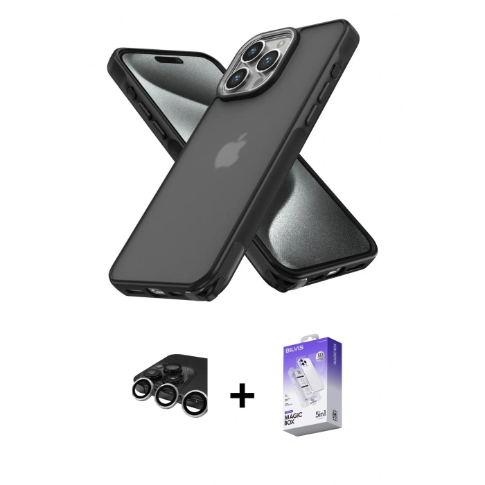MARSİLYAN™- iPhone 15 Pro Kılıf Atlas Form - Siyah Bilvis 5in1 3D Magic Cam Ekran Koruyucu + Raze Metal Kamera Lens - GS